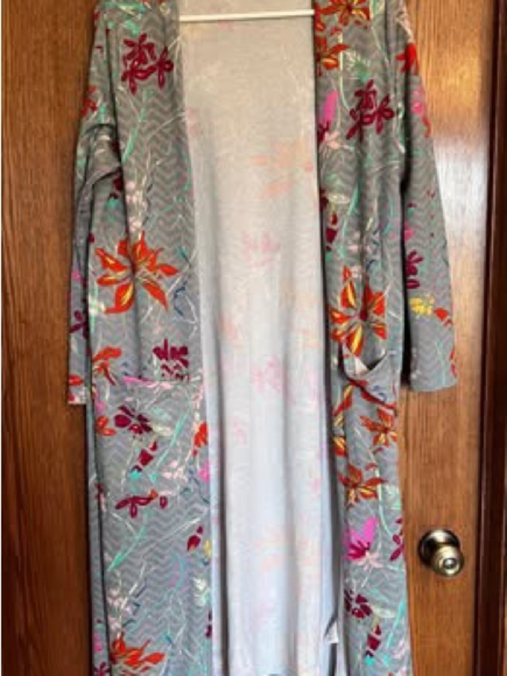 LuLaRoe Gray Floral Long Duster with Pink and Orange Accents